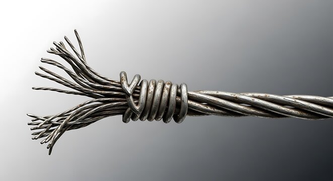 Close-up of frayed metal wire rope with a tight binding