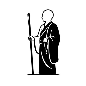 Temple Monk with Prayer Beads and Wooden Staff Vector Character Illustration