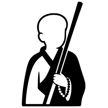 Temple Monk with Prayer Beads and Wooden Staff Vector Character Illustration