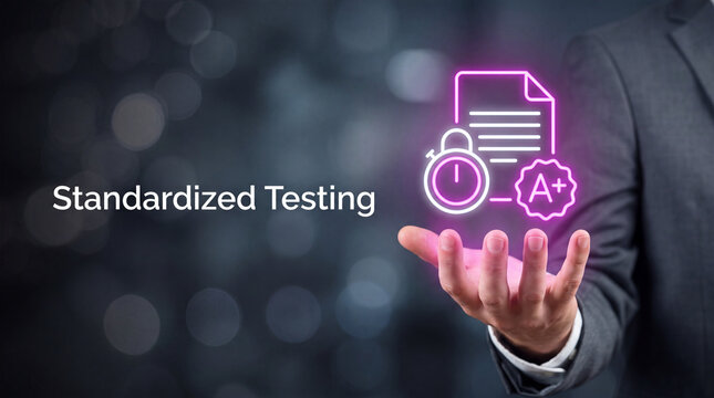 Business professional conducting standardized testing. Modern workplace with digital icons representing assessment and evaluation.