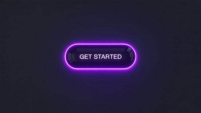 Modern purple neon glowing button with rounded corners and pixel art style for user interface design elements on a dark background for mobile games and digital application software graphics