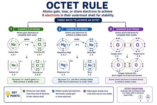 Octet Rule Diagram Showing Electron Gain Loss and Sharing for Stable Atoms