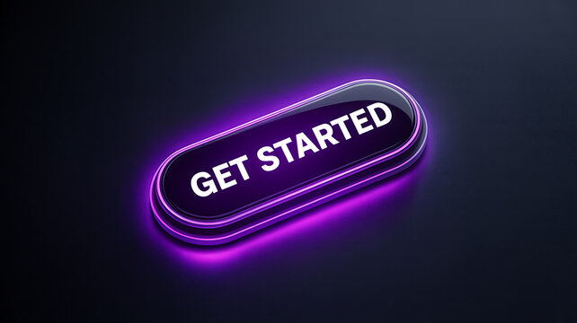 Neon purple glowing get started button with isometric design on a dark background for modern web interface and digital user experience design elements for websites and mobile applications