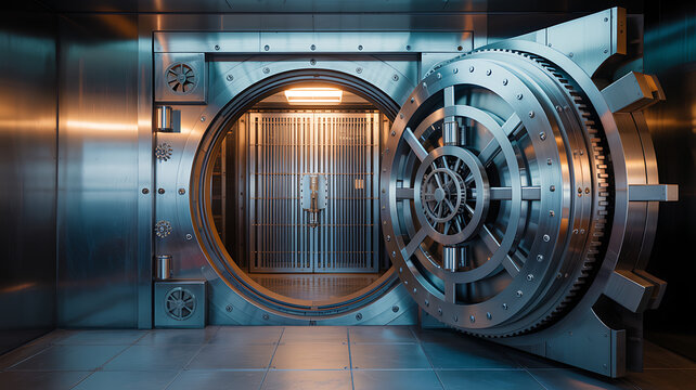 Large heavy metal bank vault door open in a secure dark room with bright interior lights for high security storage of money gold and valuable assets in a professional financial building