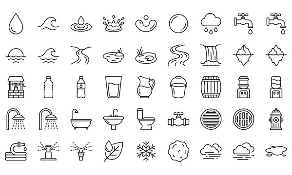 Set of various water and plumbing related line icons featuring an editable stroke for professional graphic design and web interface projects