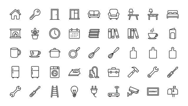 A comprehensive set of hand drawn home improvement and construction icons featuring an editable stroke for easy customization and design flexibility