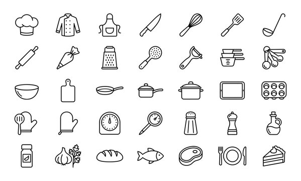 Set of kitchen cooking tools and culinary equipment icons featuring a clean line art style with an editable stroke for customization