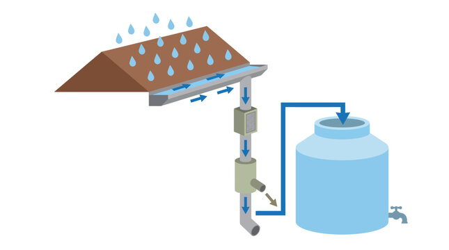 Rainwater harvesting system diagram vector illustration showing water collection from roof to storage tank