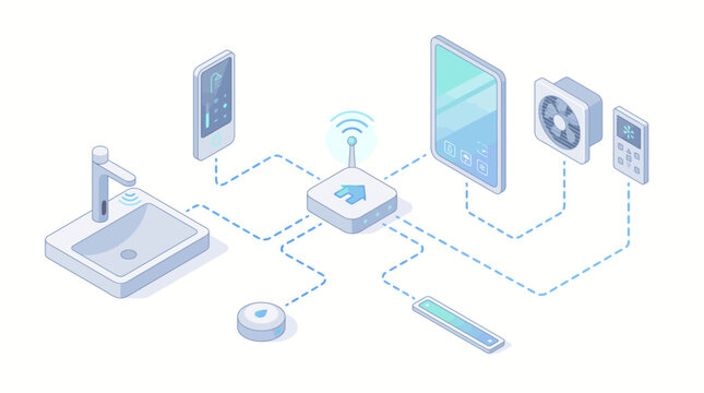 Isometric vector illustration of a smart home network connecting various household appliances and digital devices via a central hub with wireless technology