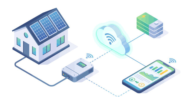 Isometric Smart Solar Energy System for Home with App Monitoring, Cloud Database and Financial Savings