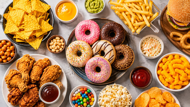Assorted junk food snacks on table. Fast food spread with donuts, chicken and fries.