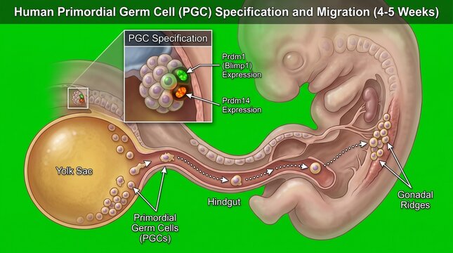 Human primordial germ cell migration. Embryonic development diagram of PGC movement.