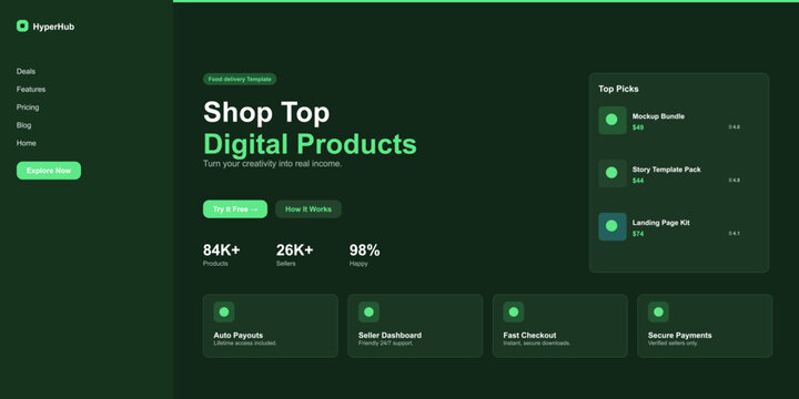 Digital product marketplace landing page with featured items and seller stats promoting online sales and business growth services and community engagement.