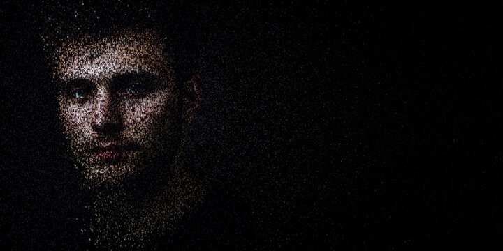 Digital ID Portrait of Man with Face made up of Code. Cryptographic keys Concept with copy-space.