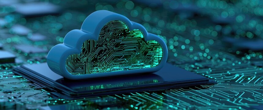 A digital cloud symbol sits atop a circuit board, symbolizing data storage