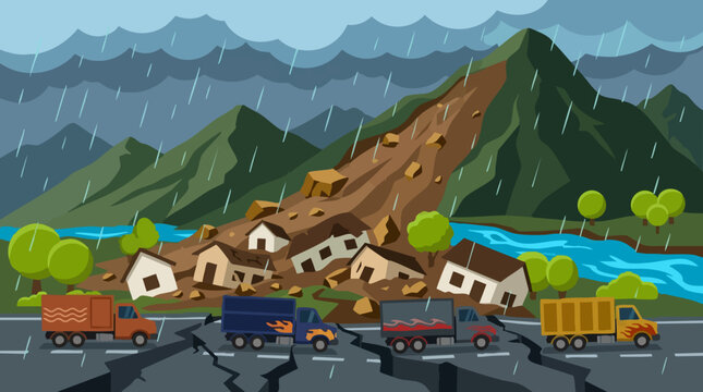 Heavy rain and landslide disaster scene with destroyed houses and cracked road