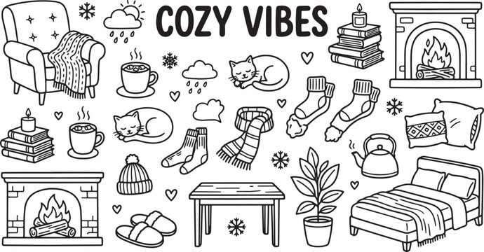 Cozy vibes hand drawn doodle set with fireplace armchair cat and winter accessories in black outline style
