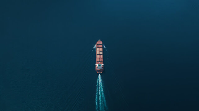 Large container ship sailing on deep blue ocean water seen from high angle aerial view showing cargo transportation and global logistics movement across the sea during a calm day journey