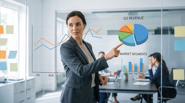 Business woman presenting Q3 revenue charts, analyzing market segments on glass wall in modern office meeting room.