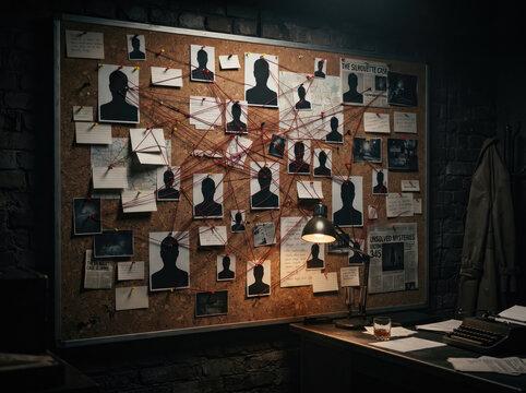 Detective investigation board with suspect photos. Crime evidence wall for police case study.