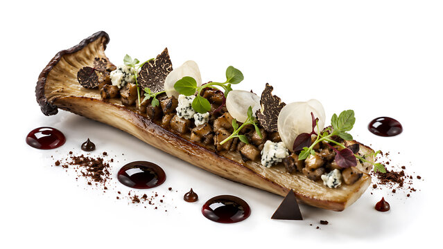 Inventive vegetarian starter featuring roasted king oyster mushroom, blue cheese, cherry vinegar reduction, dark chocolate accents, truffle and microgreens in a contemporary fine dining presentation