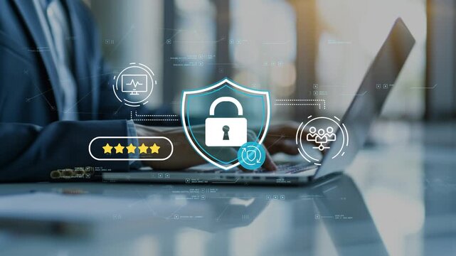 Information security compliance framework supporting regulatory requirements, governance standards and business professional evaluating security processes with laptop in modern office