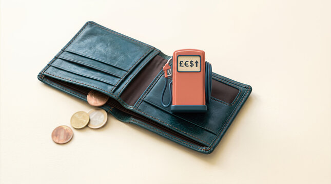 Wallet with coins and a miniature fuel pump symbolizing the impact of the fuel crisis on personal finances and spending habits in a modern economic context