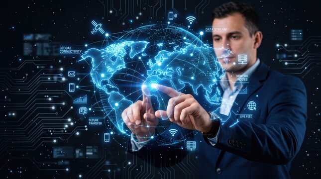 Man manipulating digital earth globe, global connectivity and secure data transfer, network nodes visualization, live feed monitoring, satellite communication, internet of things