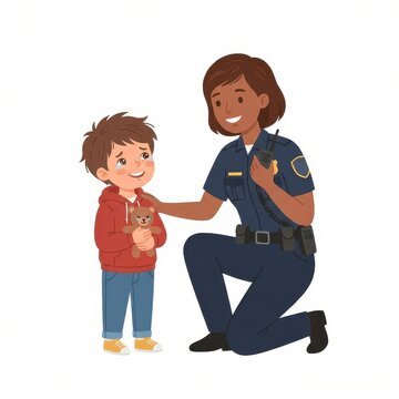 Police officer comforting a crying child holding teddy bear