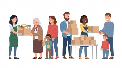 Fototapeta premium Diverse volunteers distributing food boxes. People helping community with charity donations.