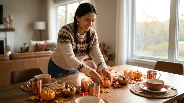 Woman decorating a dining table with pumpkins and autumn leaves for a festive meal