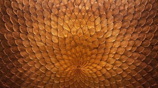 Close up abstract texture of golden brown scales pattern, resembling reptile skin or fish armor, creating a detailed organic background with natural repeating geometric shapes.