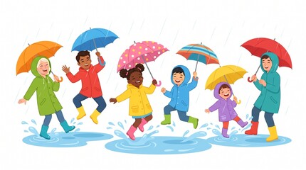 Fototapeta premium Diverse children jumping in puddles. Kids playing in rain with colorful umbrellas.