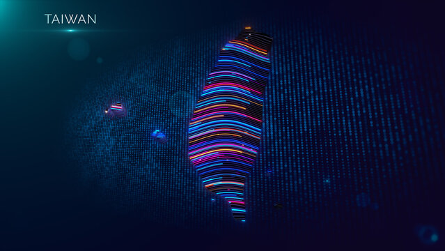 Abstract digital Taiwan map rendered with glowing multicolor 3D extruded lines, futuristic particle grid, lens flare, and Taiwan text for modern technology or geographic presentations.