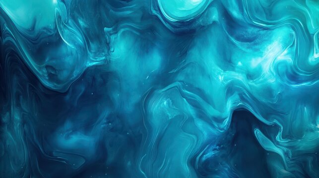 Abstract waves swirl in deep blue and teal tones to form a mysterious and ethereal liquid composition.