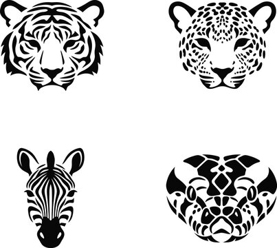 A collection of four stylized animal head portraits featuring a tiger a leopard a zebra and a stylized geometric patterned animal head in black ink