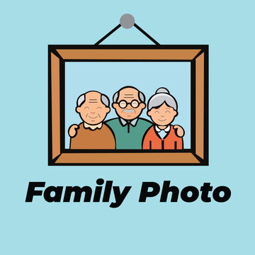 A family photo frame icon design featuring a smiling elderly trio with text.