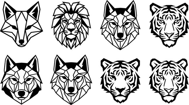 A collection of geometric animal head illustrations featuring a fox lion wolf and tiger in a clean black and white line art vector style design