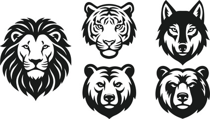 Obraz premium A collection of black and white animal head illustrations featuring a lion tiger wolf and bear for logo design or creative graphic art projects