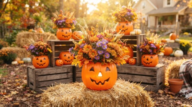 Carved Pumpkin Lantern Display In Autumn Garden