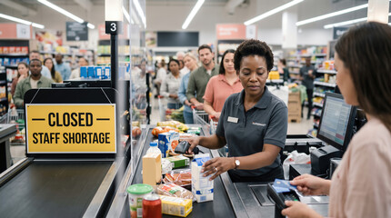 Obraz premium Female cashier at grocery store checkout with closed sign indicating staff shortage, customers waiting in line with shopping carts and groceries visible in the background