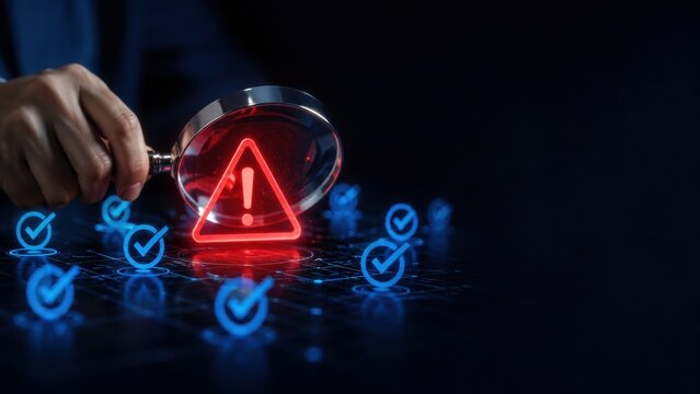 Hand magnifying warning symbol on digital interface