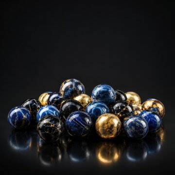 Marble spheres on black reflective surface