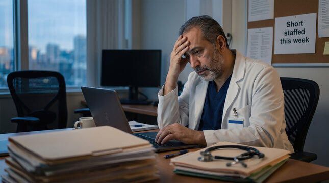 Male doctor in white coat sits at desk with laptop, looking stressed while reviewing paperwork, with a notice about staff shortage visible on the wall behind