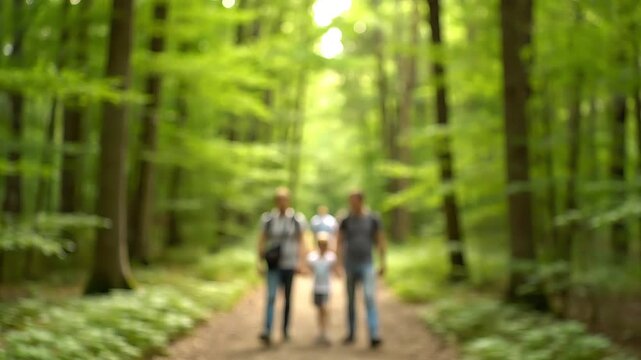 A family of three walking away from the camera on a path in a lush green forest with soft focus.