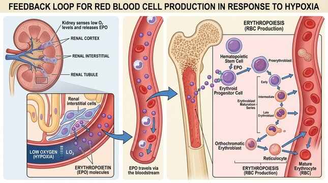Red blood cell production feedback loop. Erythropoiesis process in response to hypoxia.