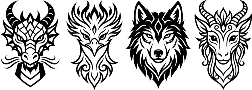 Set of four detailed black and white illustrations featuring mythical creatures including dragons and a wolf head design for tattoos or graphic print projects