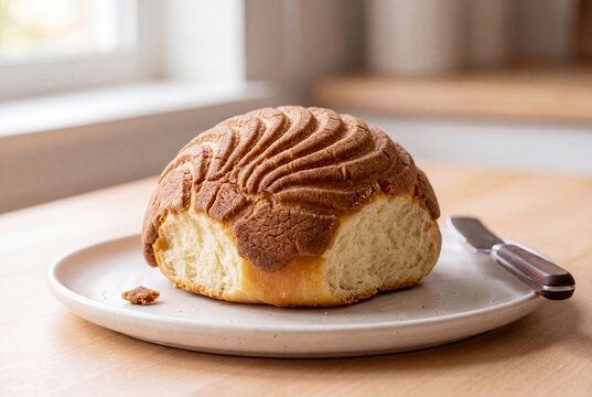 A freshly baked Mexican concha sweet bread roll sits on a white ceramic plate on a wooden table.