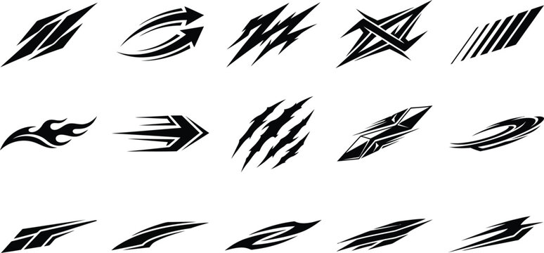 Fifteen black car decal including claw marks, flames, arrows, and speed lines isolated on a white background, for vehicle wraps