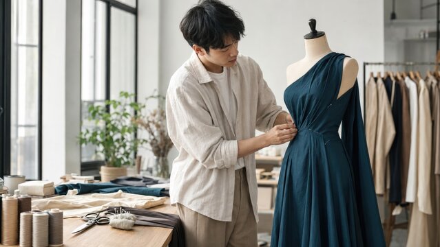 Asian man working as a fashion designer pinning dark fabric onto a mannequin inside a bright studio.